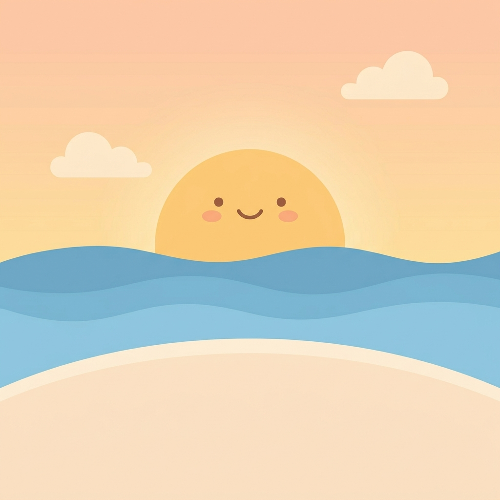Illustrated beach at dawn — a smiling sun rising over calm waves