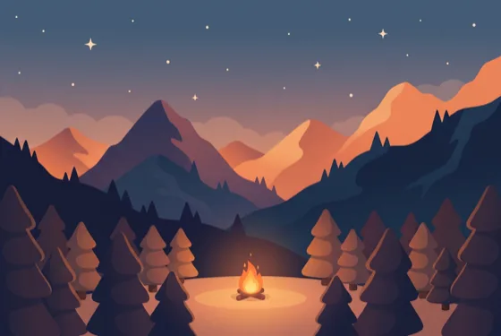 The Campfire scene — a mountainside fire at dusk