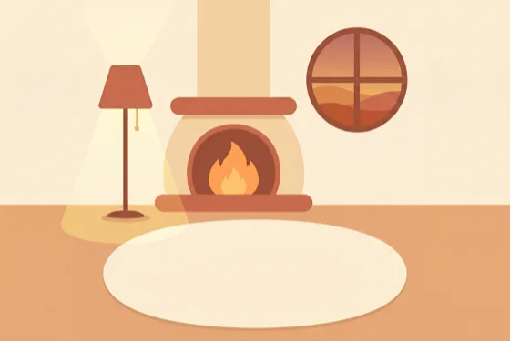 The Hearth scene — a warm fireside room