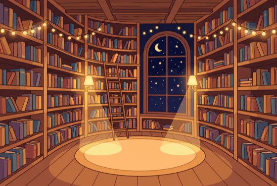 The Night scene — a lantern-lit library of curved bookshelves, a ladder and a round rug, under a starlit window